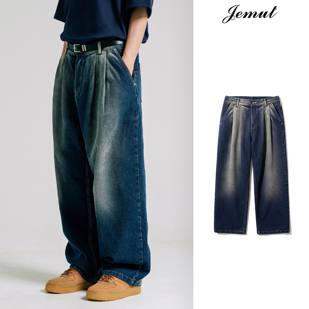 [JEMUT] Western Two Tuck Washing Wide Denim Pants