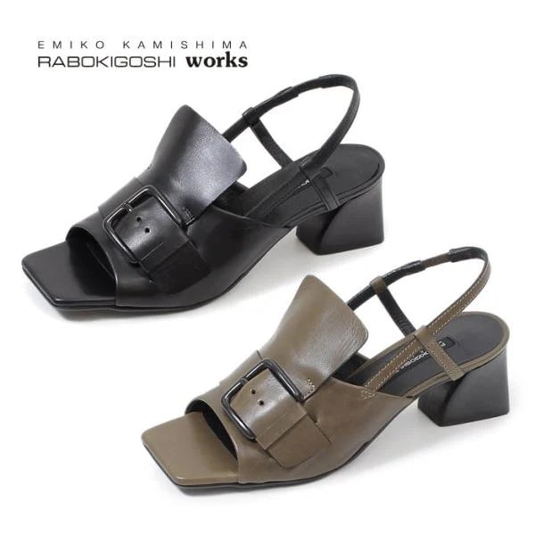 RABOKIGOSHI works ラボキゴシワークス 12465 サンダル レディース ストラップ ヒール バックル スクエアトゥ 本革 靴 セール
