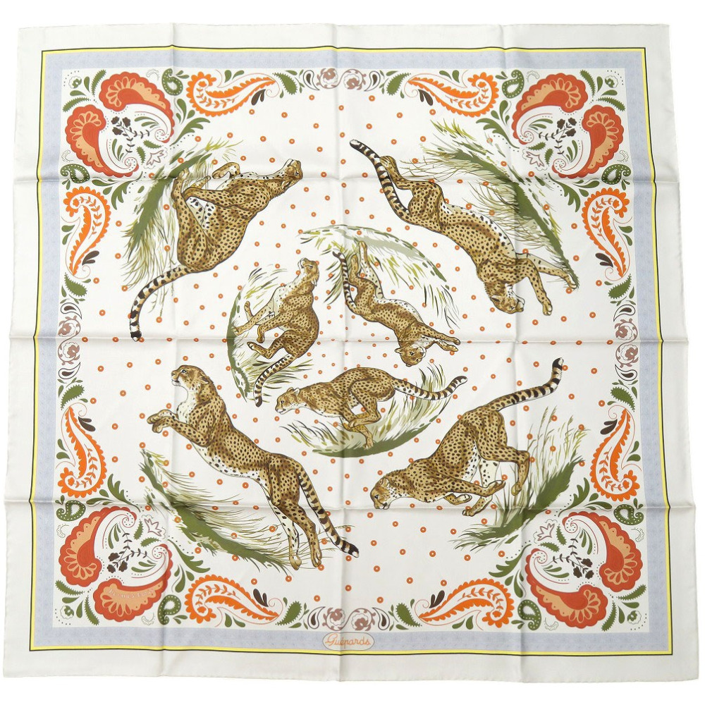 未使用品 ツイルスカーフ　チーター カレ90 ダブルフェイス GUEPARDS BANDANA スカーフ シルク/シルク GRIS 0555【中古】 レディース