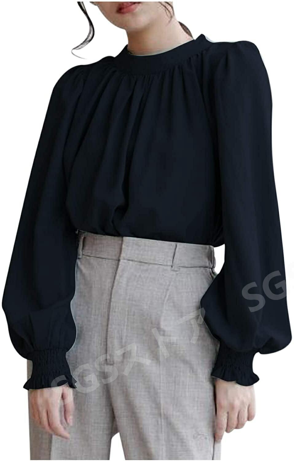 シフォン カットソー トップス ブラウス フリル袖 パフスリーブ スタンドカラー レディース