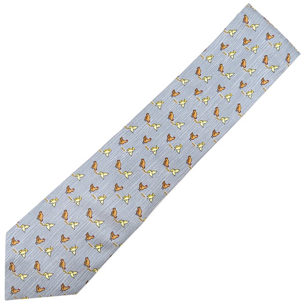 エルメス HERMES ネクタイ ニワトリ 9cm シルク グレー×マルチカラー にわとり 折り紙 折ツル 【中古】