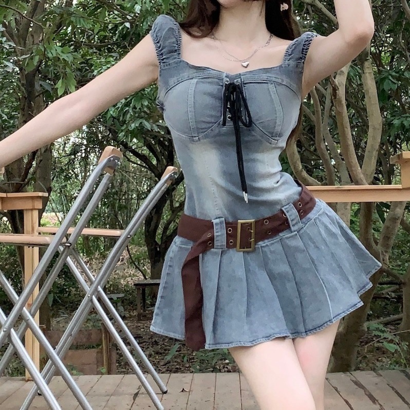 ワンピース レディース ミニ ミニ丈 ショート ショート丈 ワンピ ミニワンピ デニム ノースリーブ スクエアネック 編み上げ セクシー フェミニン ガーリー キュート 休日 デート 女子会 イベント