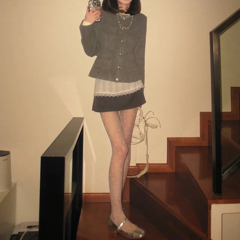 高級レディース春秋ラウンドネック長袖ジャケットとハイウエストショートスカートのツーピースセット