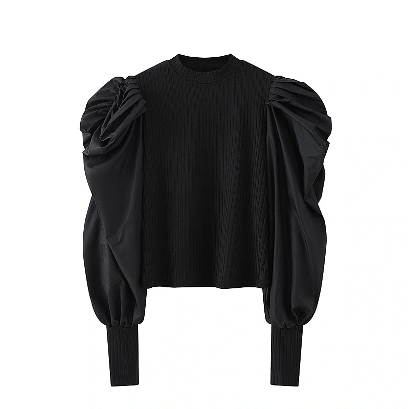 トップス カットソー ニットソー ショート ショート丈 半端丈 クロップド 長袖 ボリューム袖 パフスリーブ ラウンドネック スリム タイト 細身 切り替えデザイン リブニット 異素材MIX かわいい