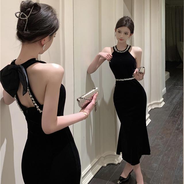 2024人気新作フレンチワンピース春と秋の高級感セレブパーティーフィッシュテイルベルベットイブニングドレス 結婚式 演奏会 発表会 卒業式 成人式 同窓会 ドレス