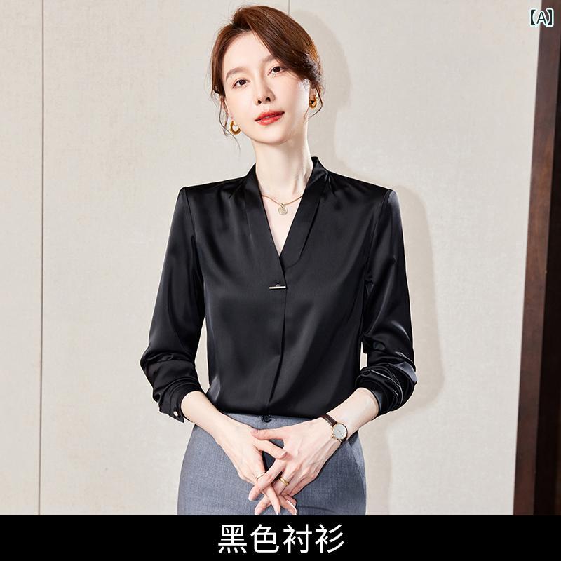 スーツ レディース ビジネス おしゃれ 通勤 オフィス フォーマル 入学式 卒業式 上品 エレガント 夏 ファッション シフォンシャツ 黒 サテンシャツ