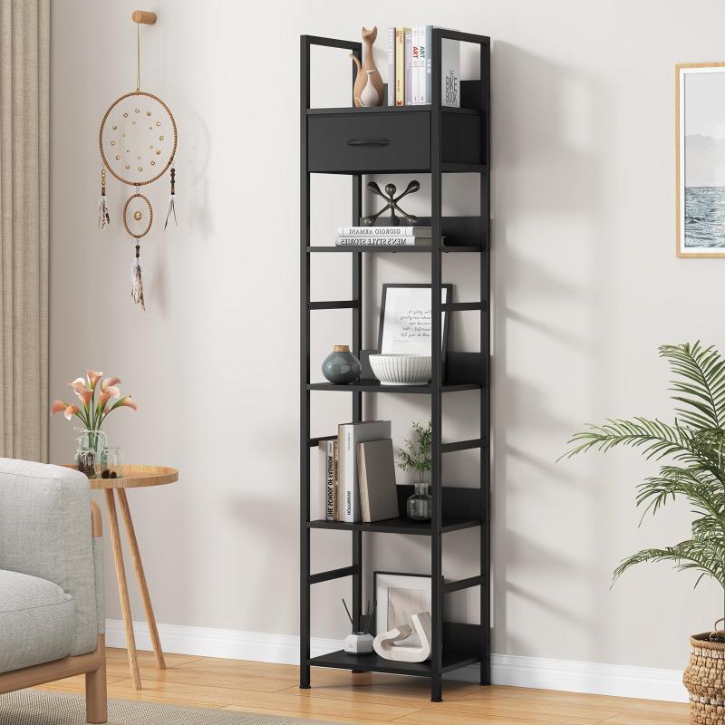 LunarLight オープンシェルフラック 幅40奥行き30高さ172.5cm 5段ラック 収納棚 引き出し付き・位置調節可能 アジャスター・フェルト付き 本棚 整理棚 収納ラック 省スペース スリ