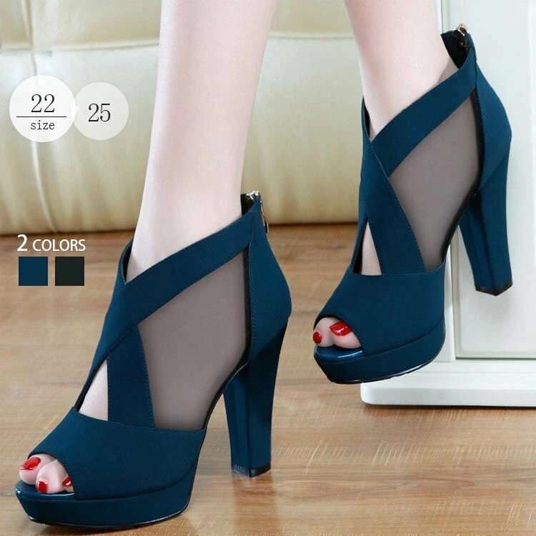 【夏セール！】レディース ブーツサンダル シューズ 大きいサイズ 9cm ハイヒール 25.5cm チャンキーヒール 夏ブーツ シースルー 透け ブラック ブルー サンダル 9cm シースルー メッシ