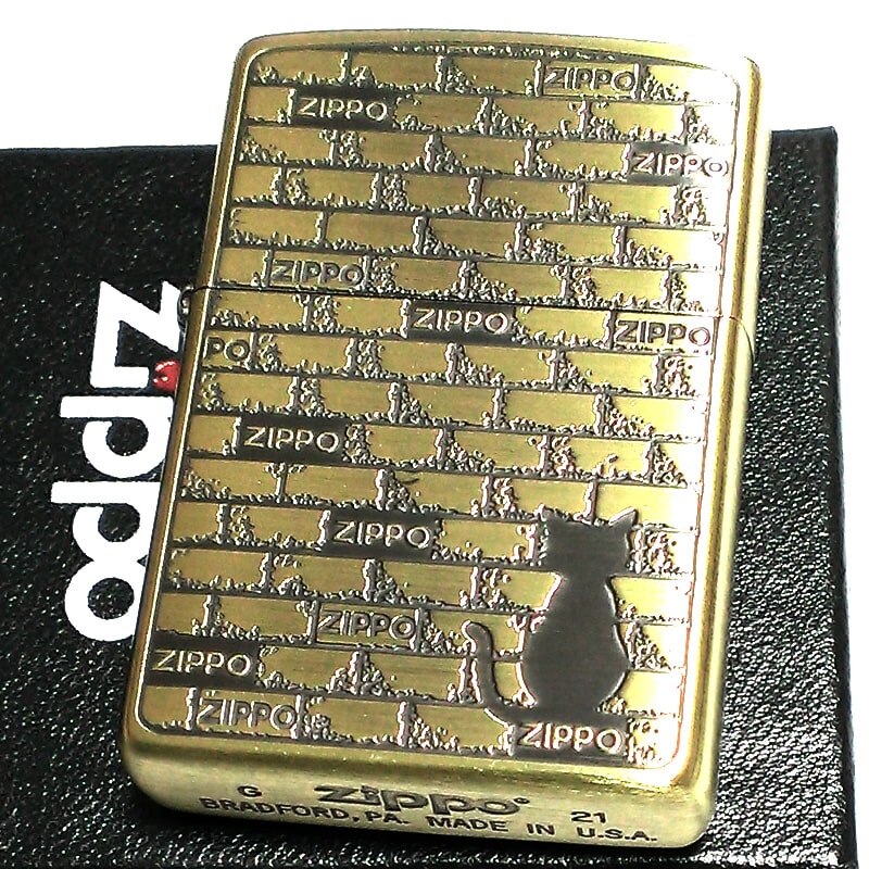 ZIPPO 可愛い ライター 猫 ブリックキャット ジッポロゴ アンティークゴールド 両面加工 黒差し 金 おしゃれ ネコ かわいい 女性 レディース メンズ ギフト プレゼント