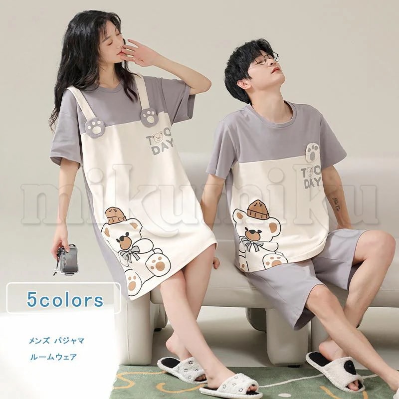 高品質な商品2セット メンズ レディース パジャマ ネグリジェ カップル アニマル ボーダー柄 コットン 薄手 半袖 丸首 ルームウェア 部屋着 ナイティ ナイトウェア 寝巻き