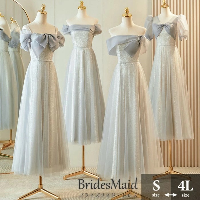 ブライズメイド ドレス ロングドレス 演奏会 ピアノ発表会 グレー 灰色 半袖 ノースリーブ 袖なし 編み上げ ショルダーネック つや有り 光沢感 サテン ワンピース レディース 春秋 きれいめ 大き