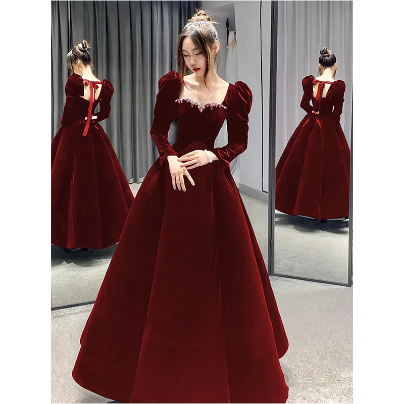 トーストドレスの花嫁の雰囲気のある赤い長袖の高級ニッチなイブニングドレスの女性の結婚式の婚約は小さな人が着用できます