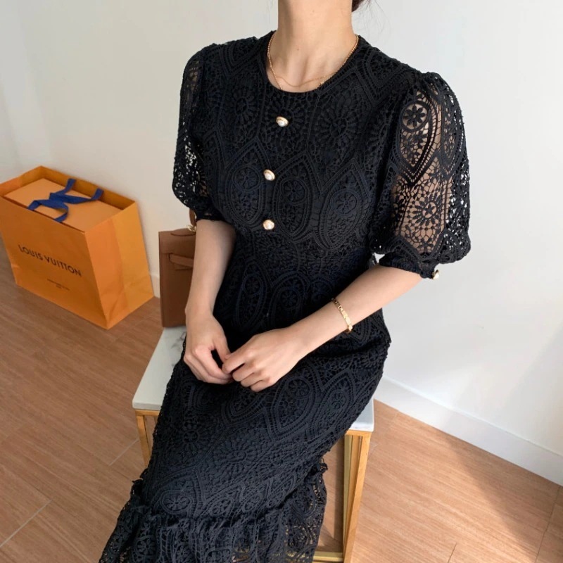 総花柄 レース 半袖 ロング丈 ワンピース フレアワンピース ワンピドレス マキシ マキシ丈 袖あり パフスリーブ ラウンドネック 襟なし スリム 細身 Aライン 切り替えデザイン ハイウエスト