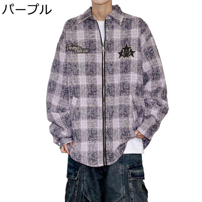 ラシャシャツ チェックシャツ メンズ シャツジャケット ジッパー 開襟 アメリカン レトロ 星刺繍 秋冬 厚手 カジュアル スポーツ アウトドア オーバーサイズ
