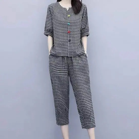 レディース ルームウェア パジャマ セットアップ 7分丈 5分袖 ラウンドネック ノーカラー 前開き 薄手 綿 ナチュラル おしゃれ 上品 大人 大人可愛い チェック ギンガムチェック 春 大人女子 6,263円