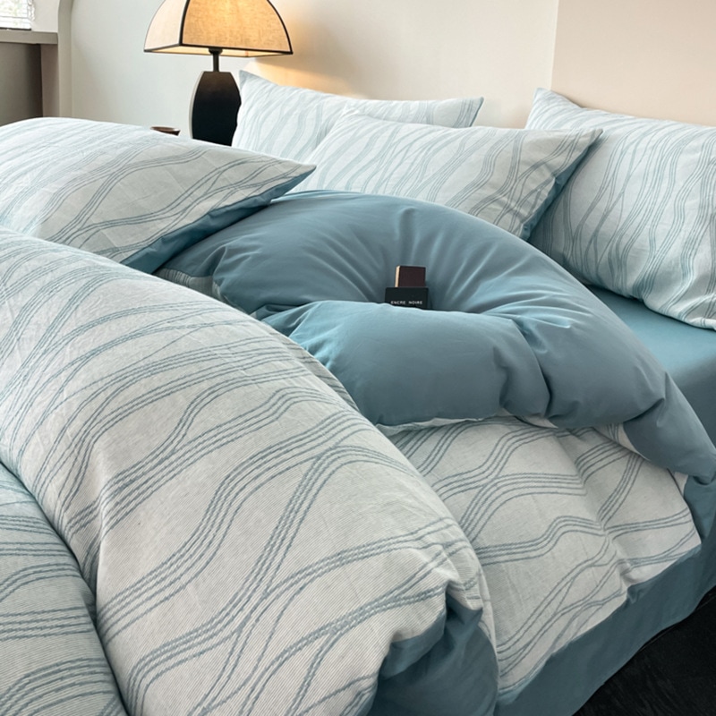 60ピュアコットンダブルレイヤー糸ベッド4ピースセット100コットンベッドシンプルカーブブルーシート3ピースセットマットレス