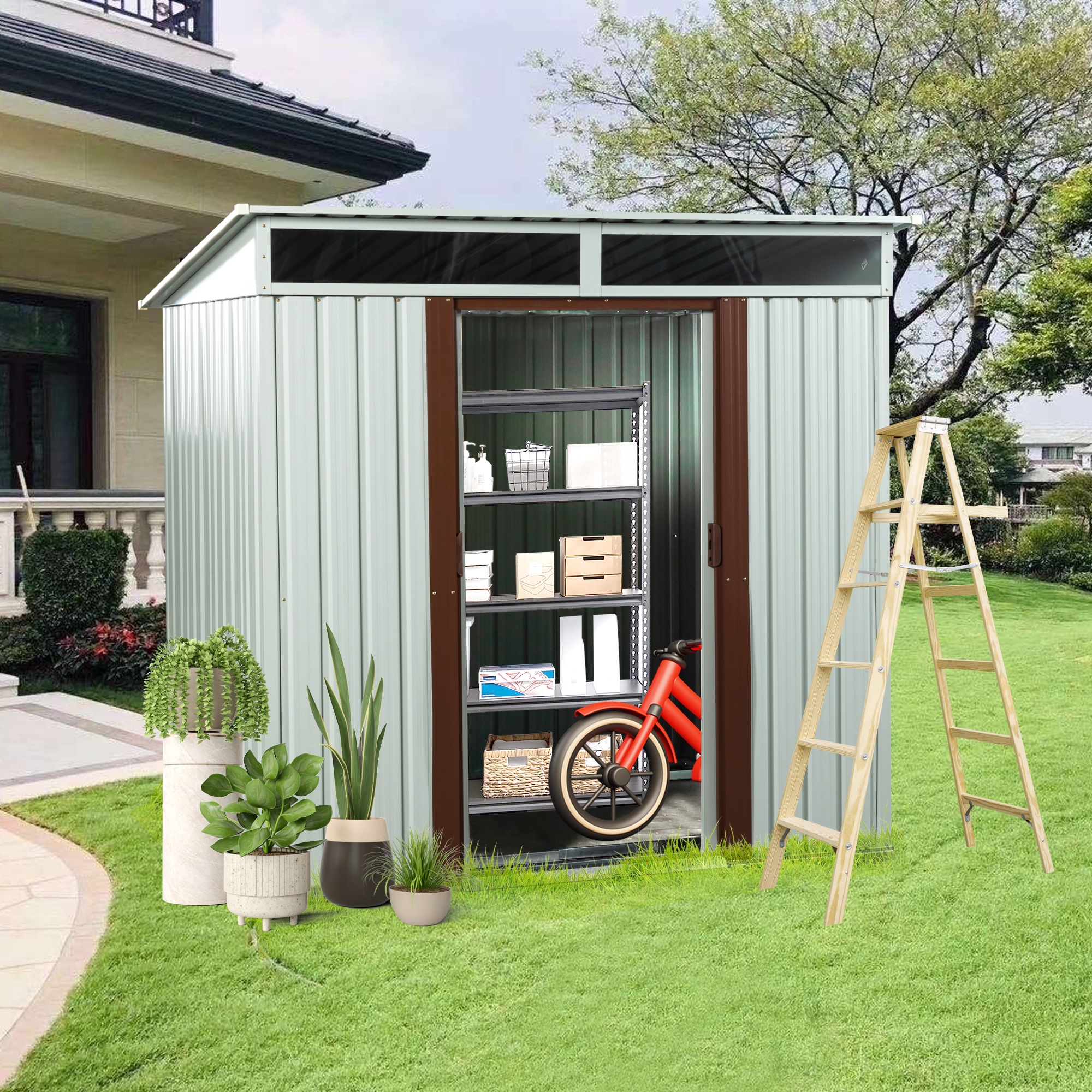 [国内即発送]Z63物置 屋外 戸外収納庫 スチール 幅195*奥行き150*高180 引き戸両開きタイプ 換気口付き 防さび ベランダ 防水 ガーデニング 庭