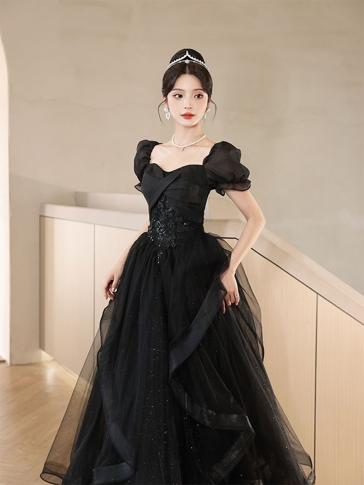 ブラックイブニングドレススカート宴会気質ハイエンドライトラグジュアリーディナーホストハイエンドフレンチロング kanxia24043