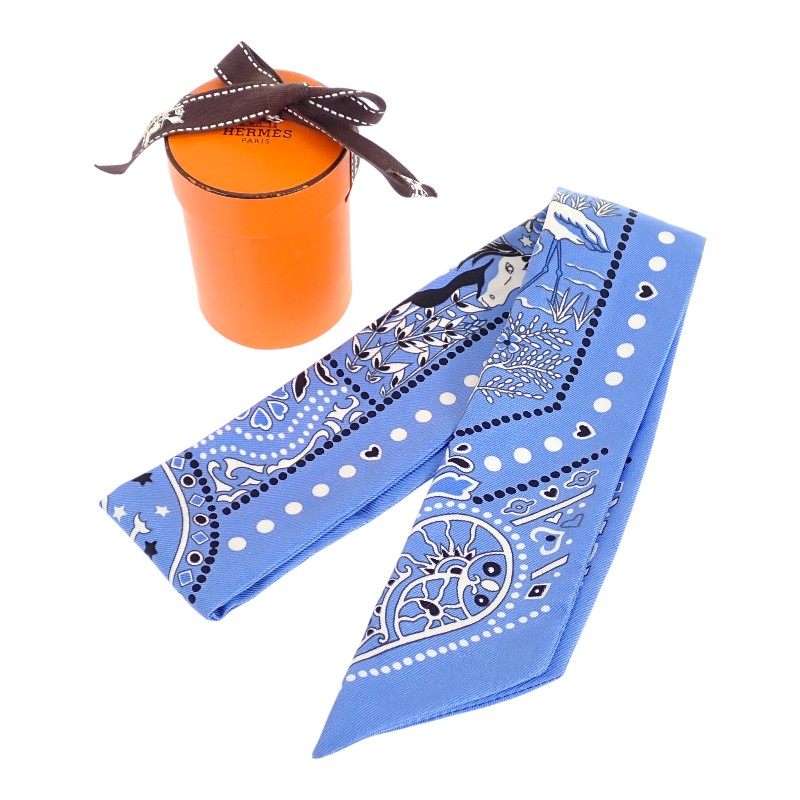 ツイリー Entre Ciel et mer Bandana 空と海の間 スカーフ シルク ブルー レディース 保存箱付き【ABランク】