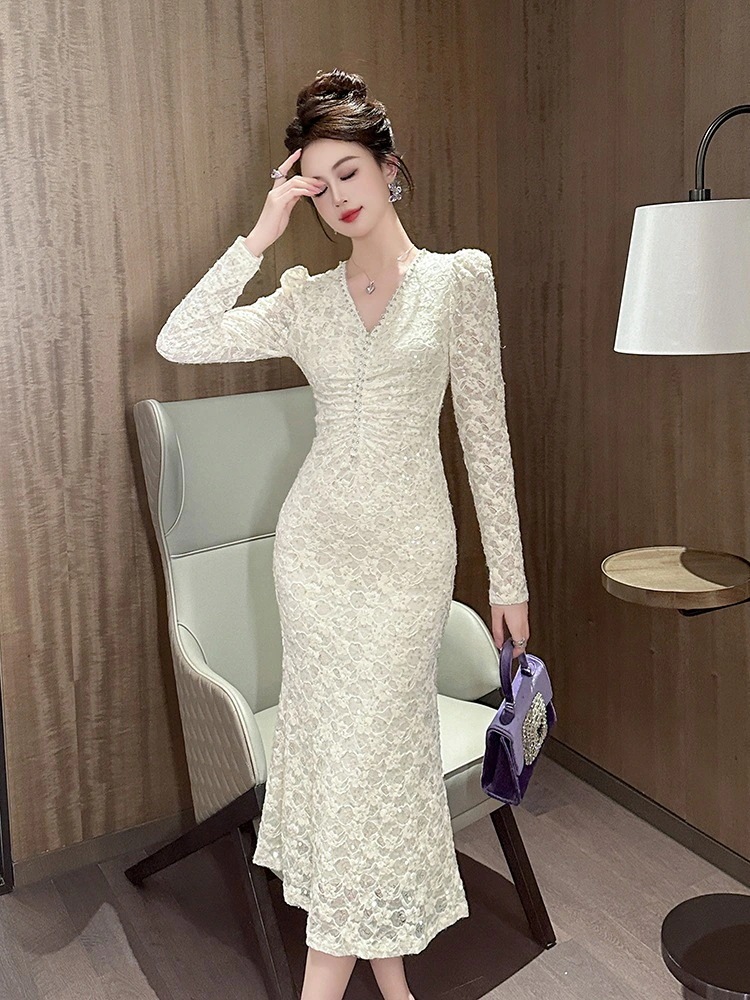 2025秋 レースドッキング マーメイド Vネック ドレス パーティー キャバ 大人 同窓会 披露宴 卒業式 結婚式 演奏会 ウェディング 二次会