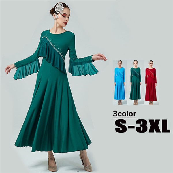 社交ダンス ドレス 衣装 モダン 広がる裾 ワンピース スタンダード レッスン着 発表会 競技着 練習着 演出用 ワルツ専用ドレス ロング丈 オールシーズン ブラック 黒 ブルー s m l xl 2