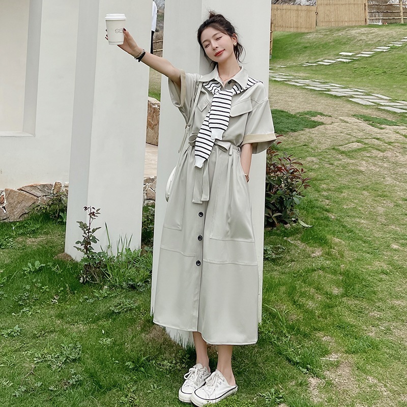 レディース ワンピース シャツワンピース フレアワンピース ロジスワンピ 個性的 春服 夏服 ミモレ ロング 袖あり 五分袖 二の腕カバー 襟付き ポロカラー レギュラーカラー セミフレア