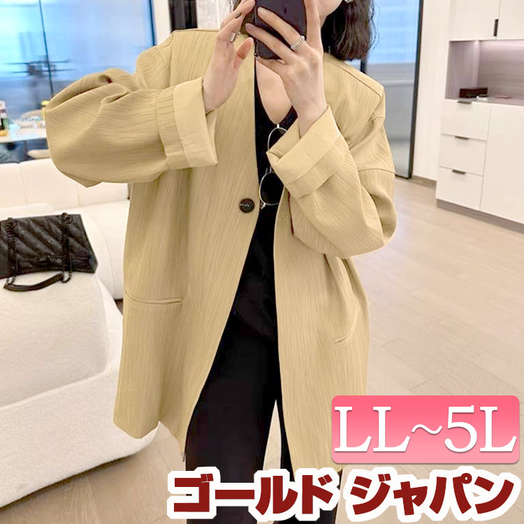 大きいサイズ レディース アウター ジャケット ノーカラーシングルジャケット シングルジャケット ノーカラージャケット ノーカラー Vネック ボタン 長袖 裏地 シンプル ベーシック 通勤 オフィス