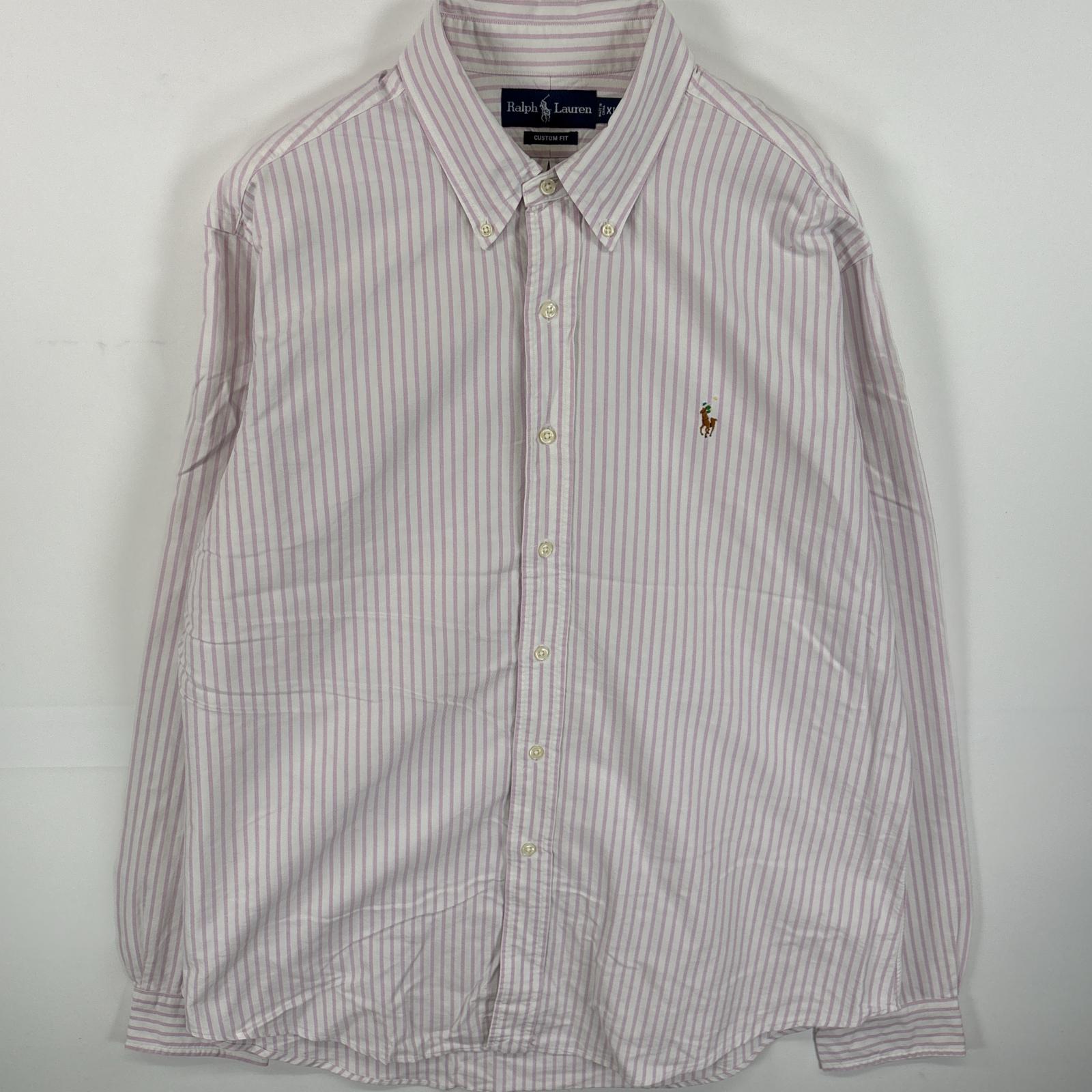 古着 長袖シャツ ボタンダウンシャツ ワンポイント ロゴ 刺繍 大きいサイズ XL ピンク系 ストライプ メンズ