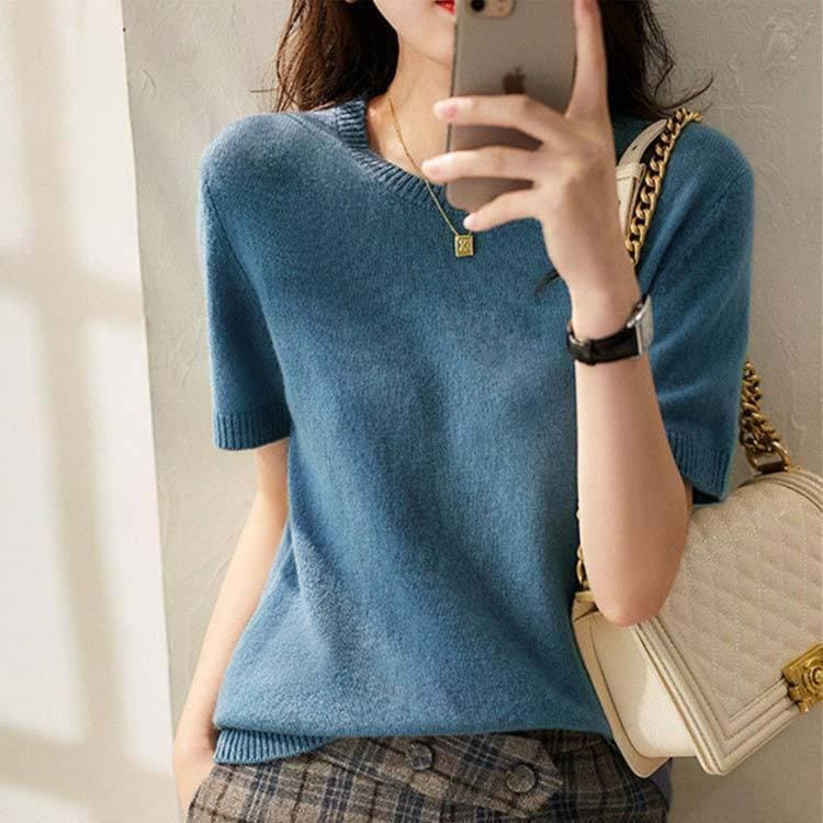 ニット Tシャツ レディース トップス 半袖Tシャツ サマーニット プルオーバー クルーネック 柔らかい ウール 無地 薄手 お洒