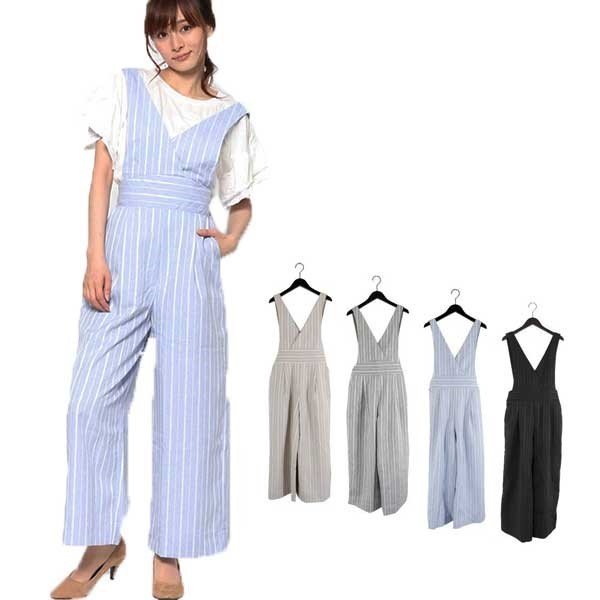 オールインワン サロペット パンツ ストライプ ワイドシルエット バックリボン レディース ベージュ グレー サックス ブラック