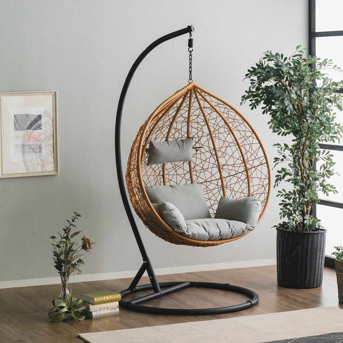 ハンギングチェア 1人用 ラタン調 マーレ エッグチェア 吊り下げ式 たまご型 クッション付き 自立 籐 人工ラタン ゴンドラチェア ハンモックチェア パーソナルチェア 椅子 リゾート風