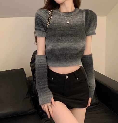 レディース トップス ニット セーター アームカバー付き ショート 半袖 ラウンドネック 襟なし タイト スリム 細身 フェミニン ふわふわ 中厚手 ニット モヘア カジュアル 上品 おしゃれ