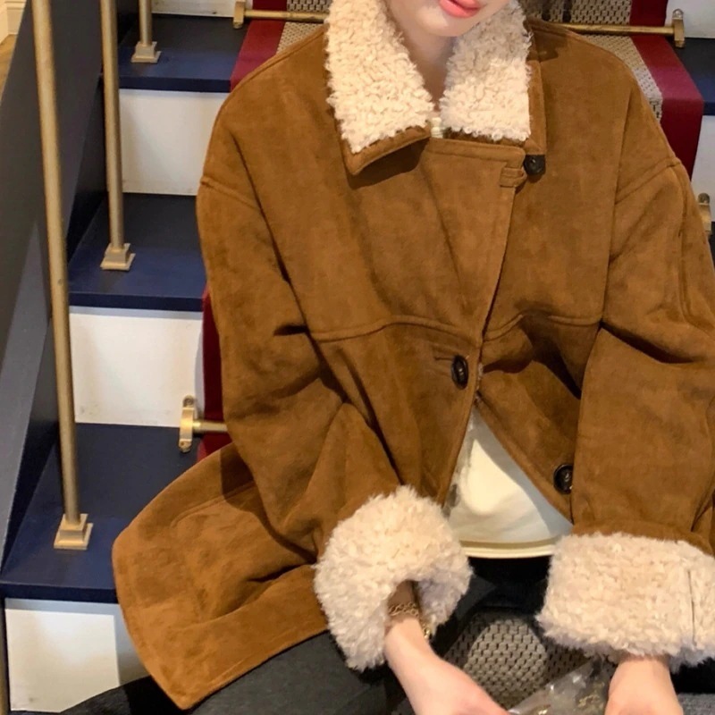 ヨークアクセントスエード一体の韓系ジャケットジャケット三色開襟突き色長袖コート女