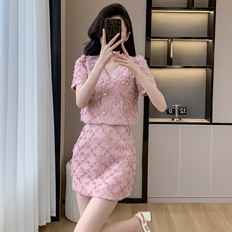 涼しく楽ちんセットアップ ピンク レース 高級感 スカートレディース 上下セット 夏服 新作