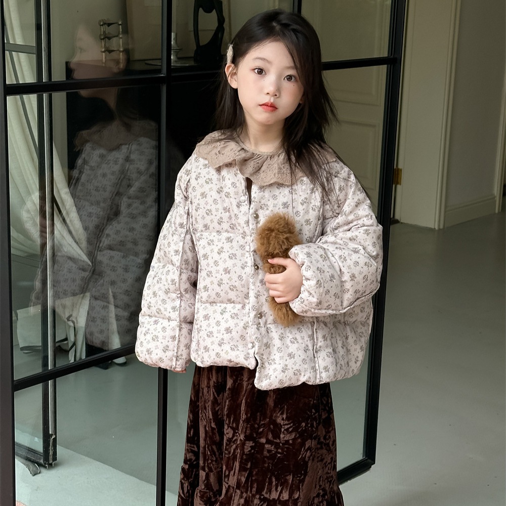 Huayuxun 子供服女の子ダウンジャケット 2024 冬新韓国スタイル小花柄ホワイトダックダウンウィンタージャケットトレンド
