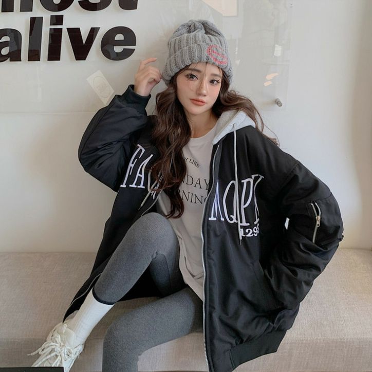 アウタージャンパーブルゾンジャケット 棉フード付きジャケット 日系 コットンジャケット ハンサム 刺繍 bfキャンパス風 韓国ファッション トップス 冬新作 ジャケット着レディース ゆったり 流行