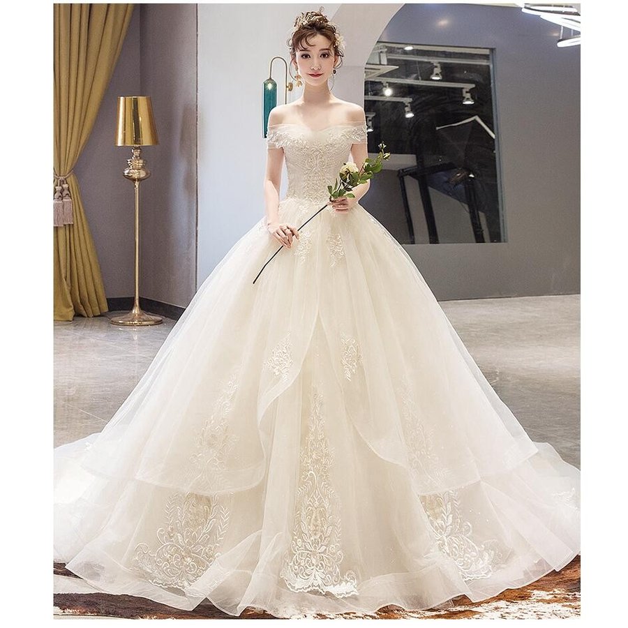 オフショルダー トレーンドレス パーティードレス ウエディングドレス ロングドレス ステージ衣装 二