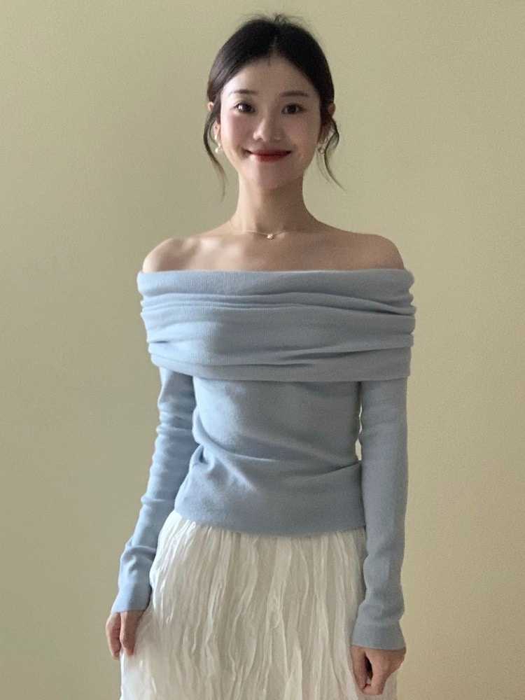 【2枚購入で200円 OFF！急速出荷】秋冬女性用分襟オフショルダー長袖セータースリムフィットトップ 4,593円