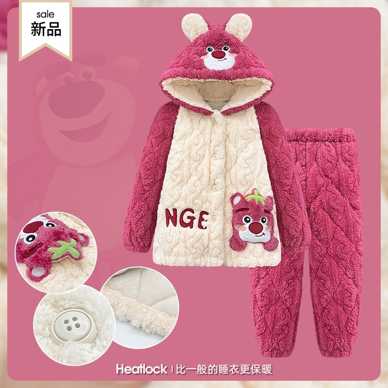 子供服女の子パジャマ秋冬部屋着加絨サンゴ絨毯イチゴ熊大童加厚三層綿挟み