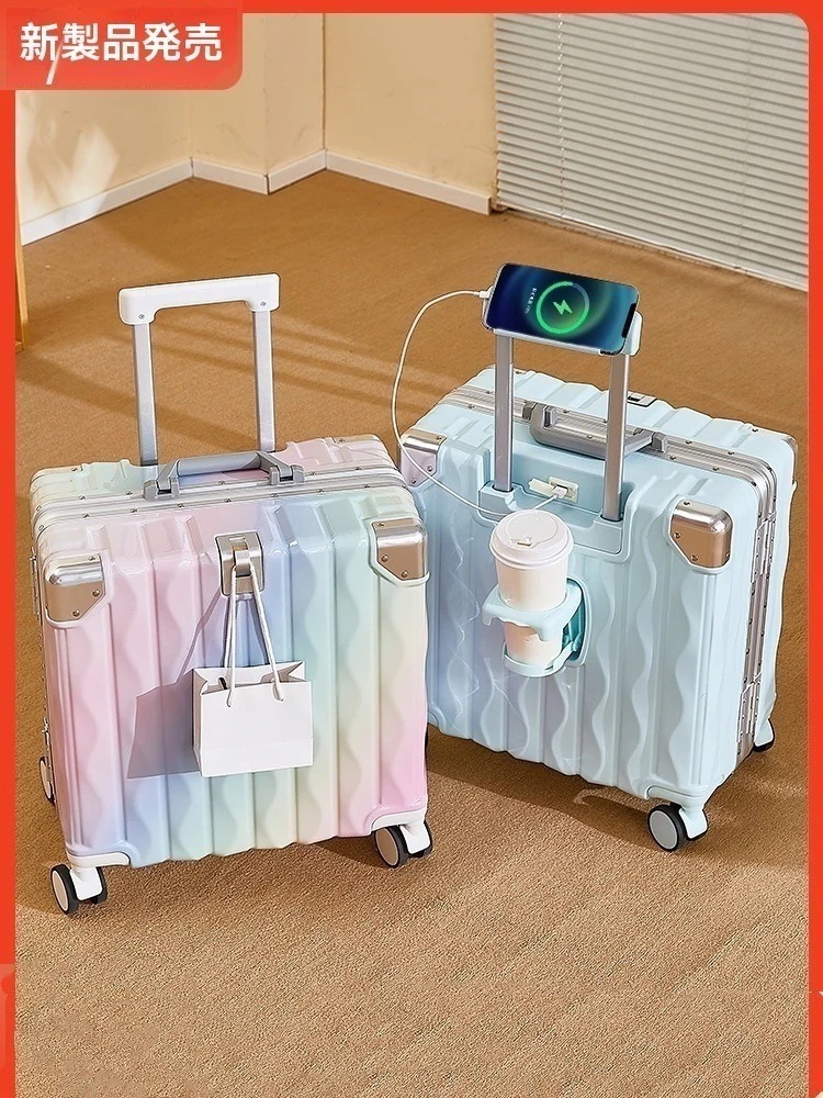 スーツケース 虹 レインボー グラデーション カラー 機内持ち込み 子ども用キャリーケース 小型 キャリーバッグ アルミフレームタイプ ファスナータイプ 軽量 ロック搭載 18インチ キッズ用
