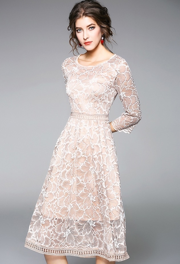 1747. レースラウンドネックドレス（アプリコット）2019 春夏 sale 結婚式 二次会 お呼ばれ パーティー 女子会 レストラン