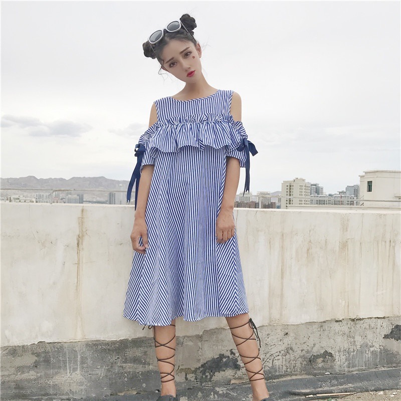1443.ストライプオープンショルダーワンピース（ブルー） 袖リボン ノースリーブ 2019 春夏 sale 女子会 通学 海 ビーチ