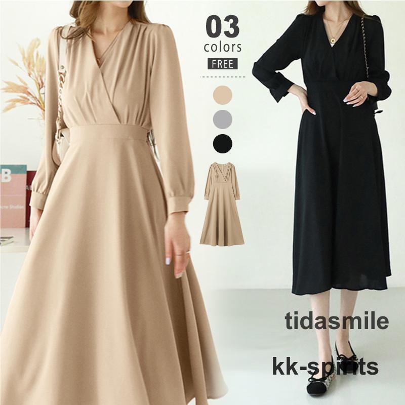 フレアワンピース カシュクール ワンピース パーティー ドレス 長袖 ハイウエスト ミモレ丈 Vネック シフォン レディース オフィス 無地 キレイめ 大人 上品