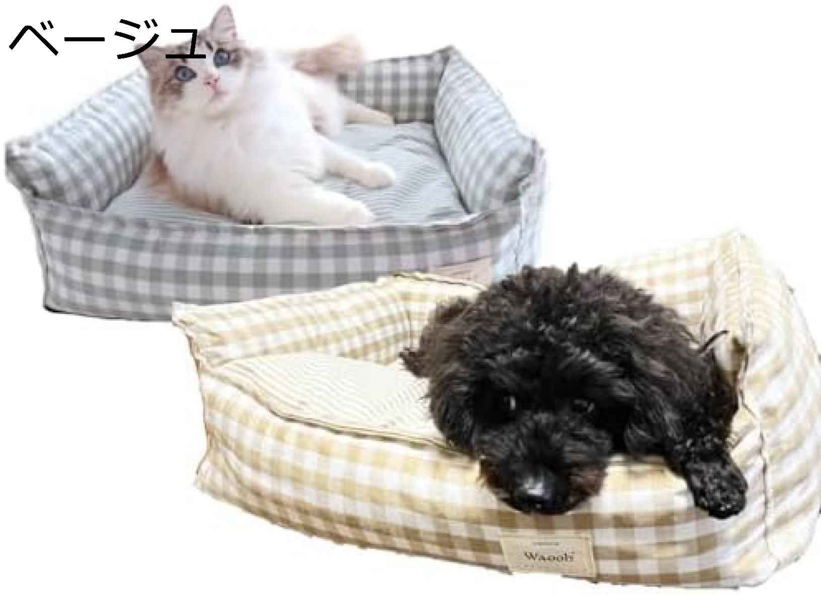 犬用ベッド ペットベッド 猫用ベッド 春夏用 ふかふかクッション かわいいチェック柄 洗える 小型犬中型犬用 53cm (ベージュ, M)
