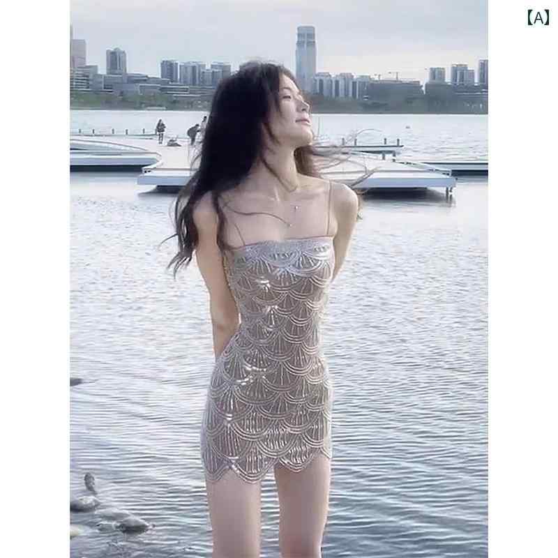 ドレス　パーティー　レディース フレンチ キラキラ 輝く 高級 成人 式 誕生日 パーティー ドレス 軽い ホット ガール スパンコール 魅惑的 サスペンダー