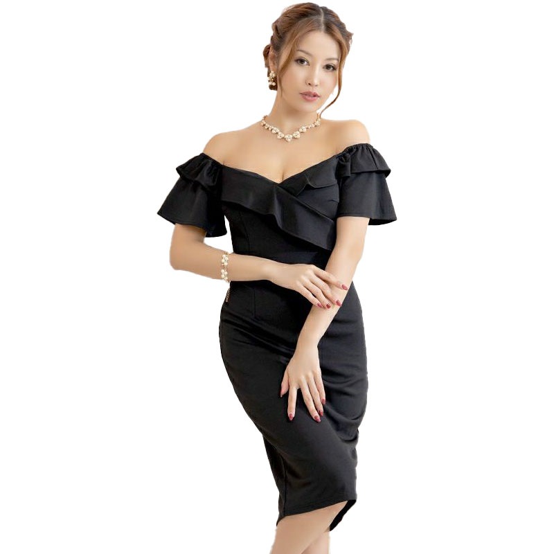 カシュクール風フリルスリーブ　ミディタイトドレス キャバドレス[F2310012] ブラック