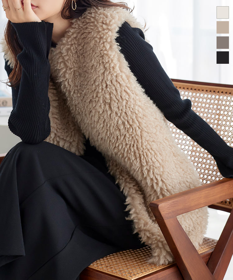 フェイクファー ロングベスト レディース ベスト ファーベスト アウター ノースリーブ ノースリ 長め 体型カバー お尻 ファー エコファー プードルファー ジレ チュニック丈 白 ホワイト [K12