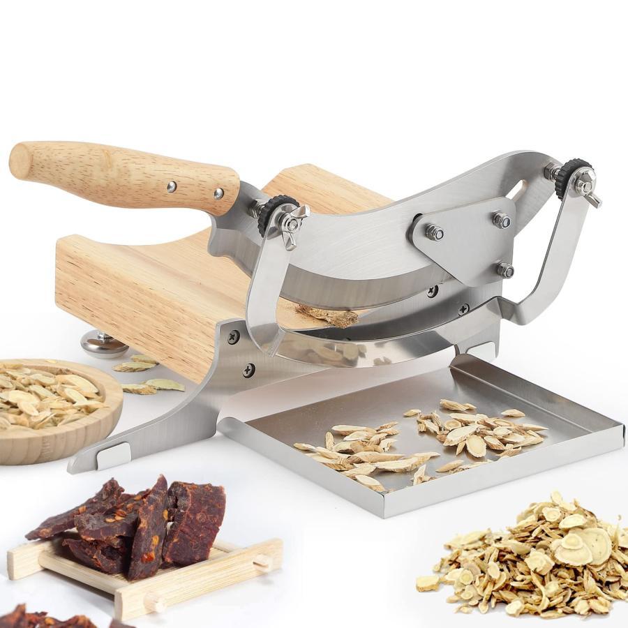 手動スライサー ジャーキーカッター ステンレス鋼 カーブ刃 木製スライス台 省力化 スライス厚さ0-12mm調整可能 ジャーキーソーセージ野菜人参お菓子もち