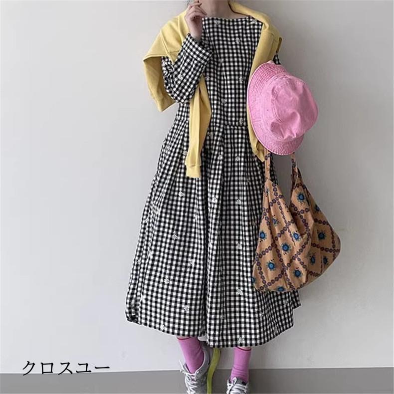 シャツワンピース 刺繍 レディース ロング丈 綿 大きいサイズ 格子柄 大人可愛い ゆるっとしたリラックス感 カジュアルコーデにぴったり