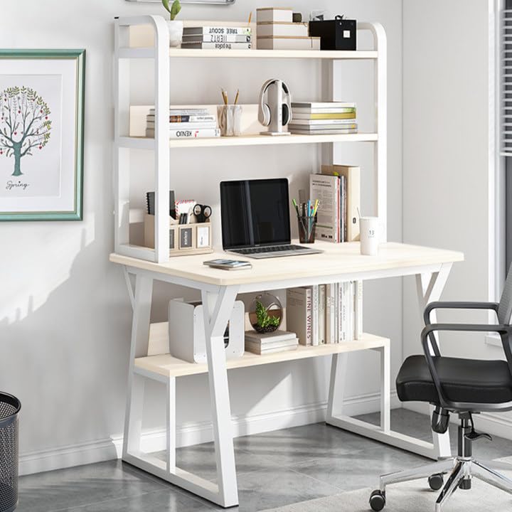 パソコンデスク pcデスク 白もみじ 4段 幅80x奥行50x高さ74cm ミニマリスト T型テーブル脚 収納ラック付きデスク 省スペース ワークデスク 65627